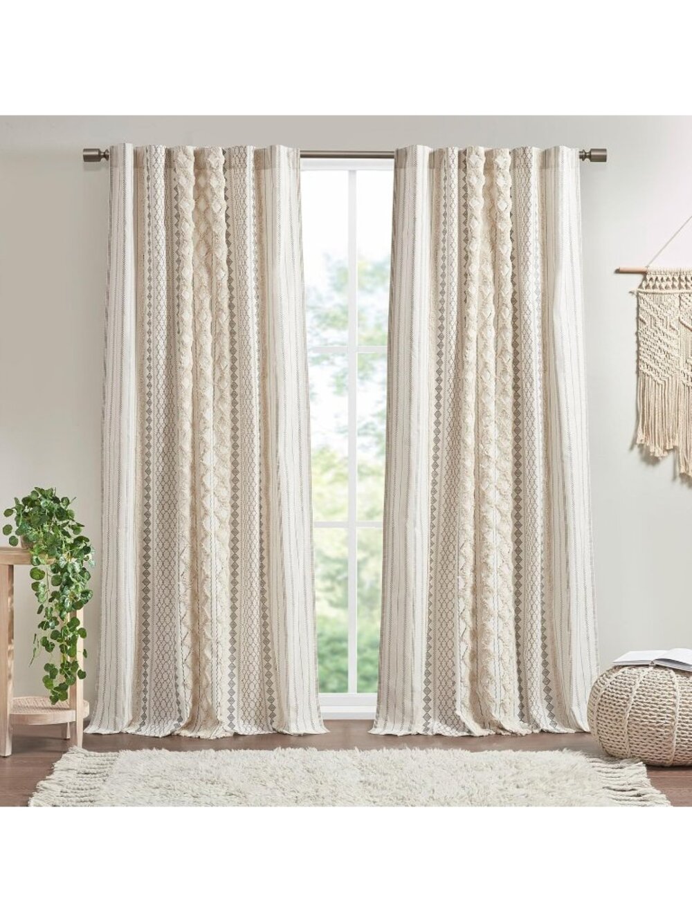 INK+IVY Imani Cotton SINGLE PANEL Curtain Drape Tufted Chenille Stripe Geometric